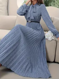 Women's Polka Dot Print Pleated Fitted Dress without Belt, Elegant Chic Bishop Sleeve Long Sleeve Dress for Spring & Fall, Women's Clothing for Daily Wear