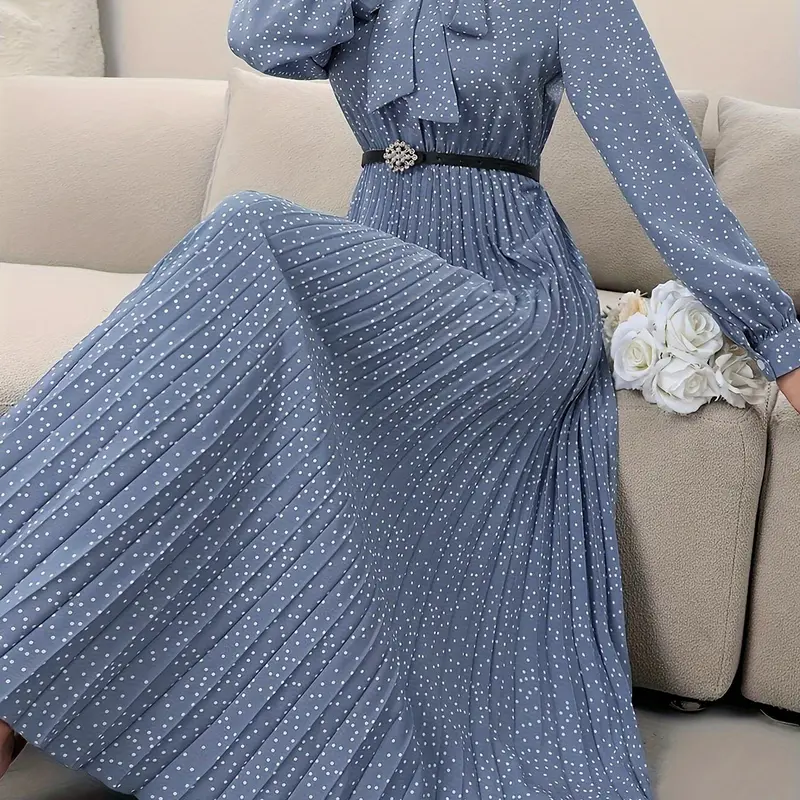 Women's Polka Dot Print Pleated Fitted without Belt, Elegant Chic Bishop Sleeve Long Sleeve Dress for Spring & Fall, Women's Clothing for Daily Wear, Casual Wear, Polka Dot Dresses