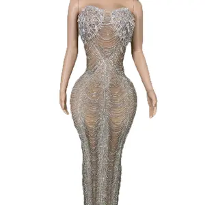 Glimmering Galaxy Mesh Rhinestone Half-Shoulder Evening Dress – Elegant Bodycon Formal Party Gown maxi
