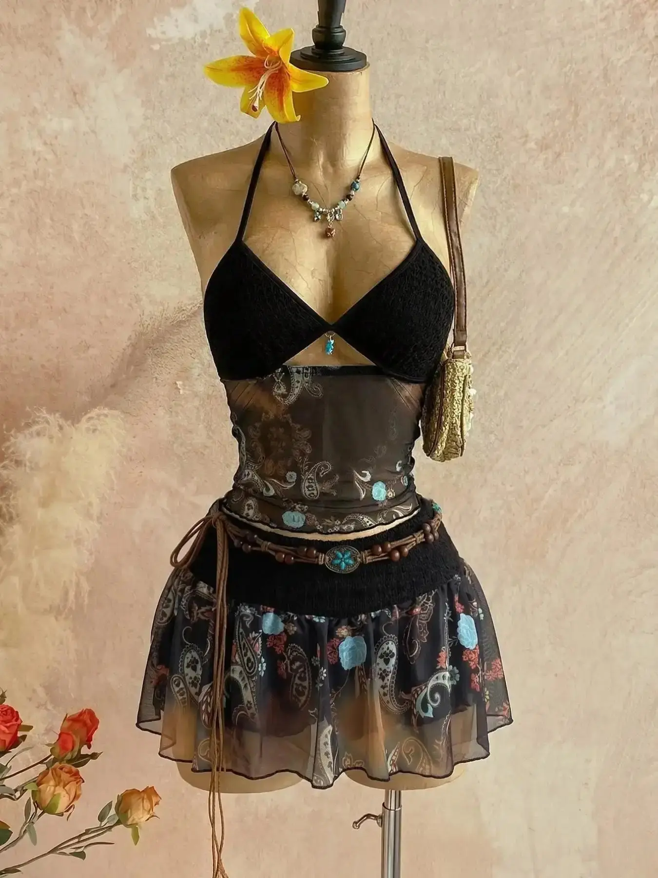 Women's Flattering Retro Vintage Paisley Crochet Two-Piece Set, Bohemian Halter Top & Ruffled Midi Skirt with Mesh Detail, Y2K Ethnic Style, for Casual, Vacation & Date, Spring/Summer/Fall, effortless layering