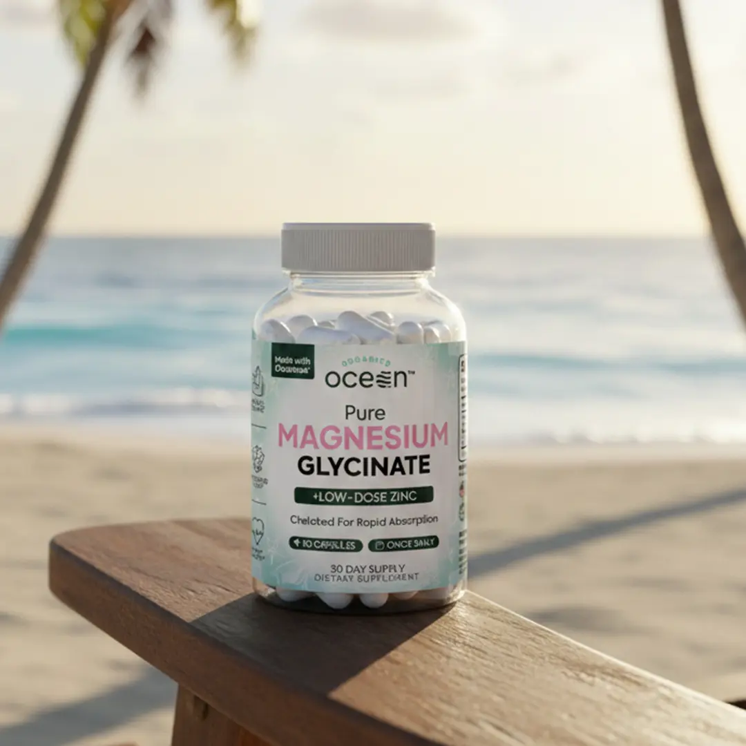 Organics Ocean Pure Magnesium Glycinate for Sleep Leg Cramps Stress Relief | 275mg Chelamax Minerals from the Dead Sea | Low-Dose Zinc for Absorption | No Fillers | Third Party Tested | Vegan | GMP Certified | 90 Easy to Take Capsules | Dietary Supplement