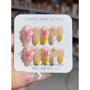 Long Carved Nail Art Color-Block Handmade Wearable Nails Sweet Niche Nail Art Acrylic Soft Gel