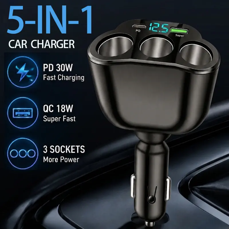 【summerfinds】[2026 Upgraded Version] 5-in-1 Car Charger Adapter — 3-Port Cigarette Lighter Extender (Supports PD Fast Charging) with LED Voltage Display | Compact Design | Compatible with iPhone/Samsung/Dash Cams
