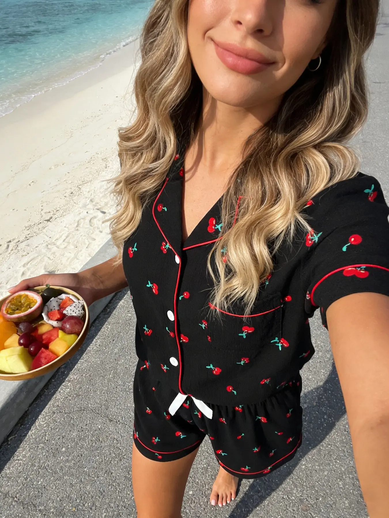 Women's Short Sleeve Pyjama Set, Cherry All over Print, Comfortable Breathable Casual Home Wear, Slim Fit Two-Piece Sleepwear