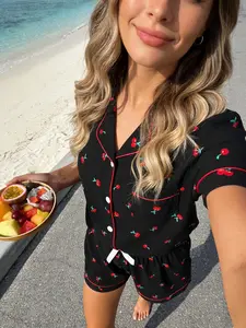 Women's Short Sleeve Pyjama Set, Cherry All over Print, Comfortable Breathable Casual Home Wear, Slim Fit Two-Piece Sleepwear Loungewear, Pjs, Pajamas, Homewear, Everyday, Essential, Womenswear