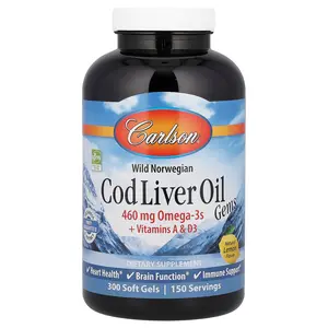 Carlson Wild Norwegian, Cod Liver Oil Gems, Natural Lemon, 300 Soft Gels