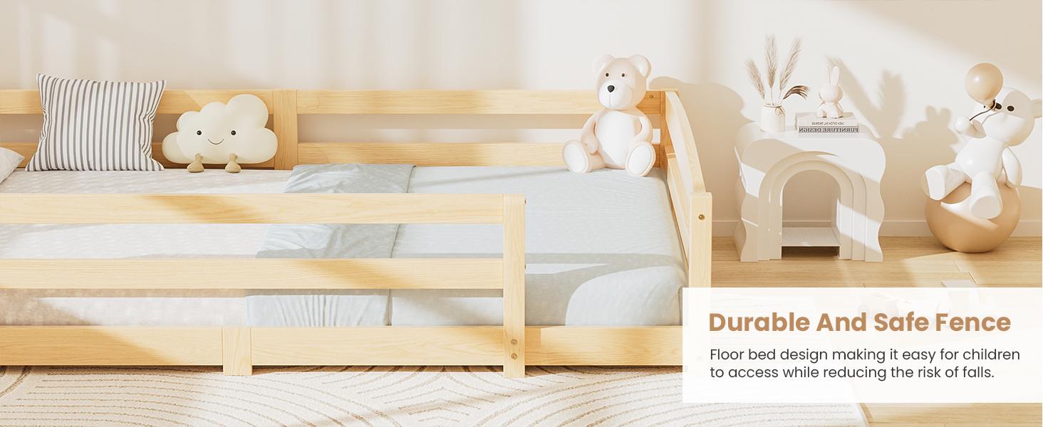 Naudacaa Twin / Full Toddler Bed with Rails, Low Montessori Floor Bed Frame for Kids w/ 2 Openings, Solid Wooden Floor Beds for Girls and Boys, CPC Certified