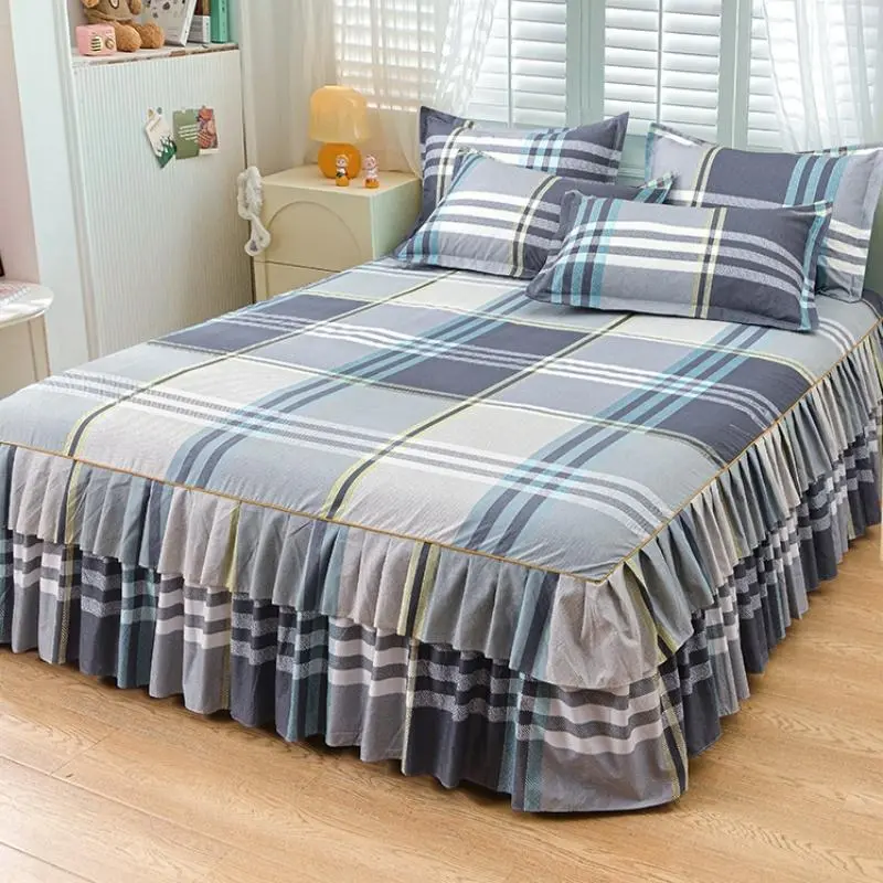 Plaid Print Bed Skirt & Pillowcase Set, Including Bed Skirt & 1/2 Counts Pillowcase, Soft Comfortable Breathable Bedding Set, Mattress Cover Protector, Soft Comfy Bedding