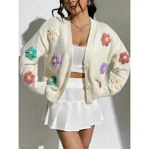 Women's 3D Floral?Appliques?Button Front Cardigan, Casual Long Sleeve V Neck Knitwear for Fall & Winter, Going Out Top,?Ladies Knit Clothing for Daily Wear��gift��