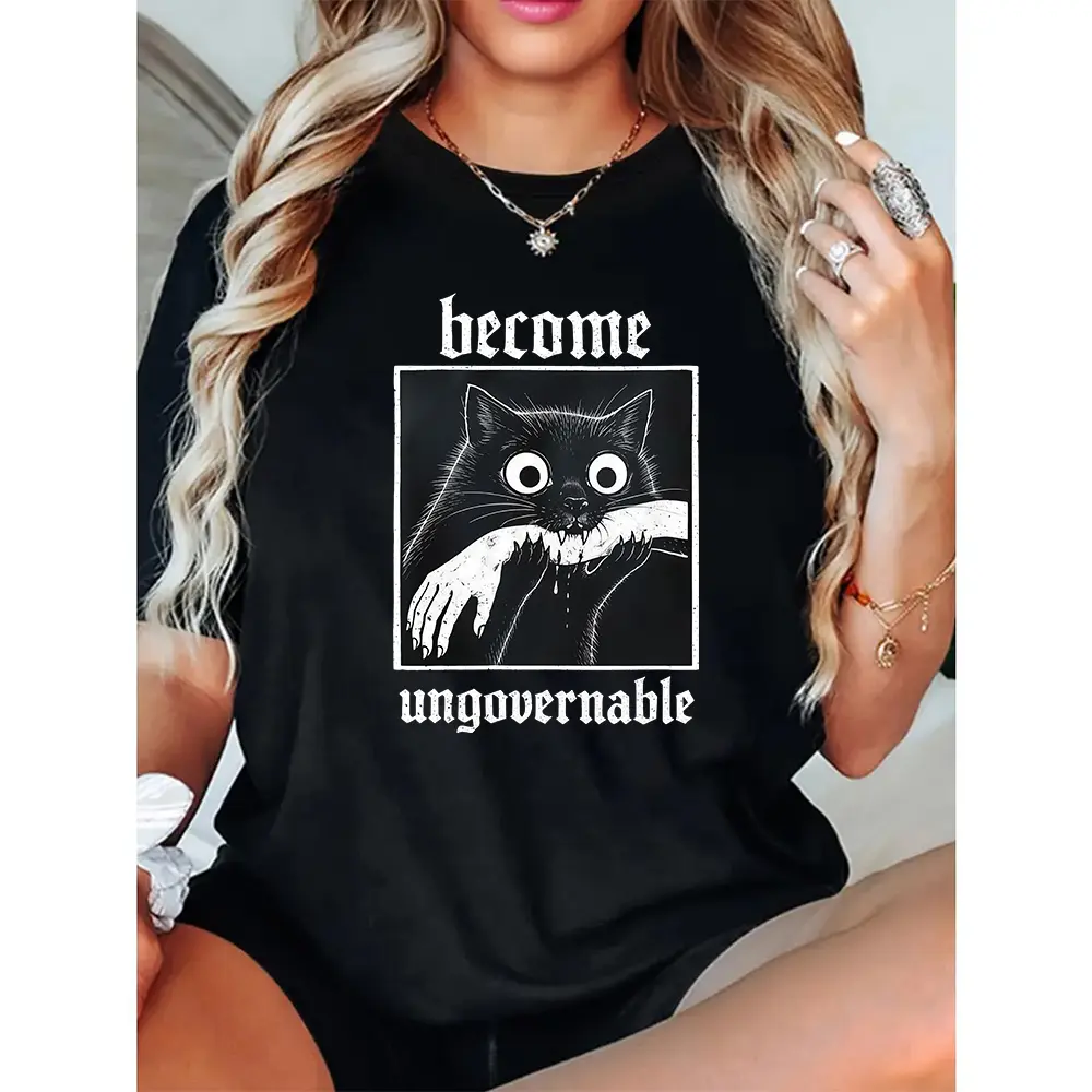Become Ungovernable Funny Graphic Cat Biting Hand T-shirt,Silly Cats Shirt,Unisex Cotton, Gag Gifts