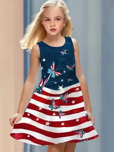 Girls' Independence Day Usa Flag Butterfly Print Sleeveless Dress, Patriotic Star Stripes Pattern, A-Line Summer Tank Dress