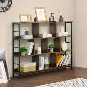 CAPHAUS 3 Tier 10 Cube Bookshelf, Office Shelf, Horizontal Bookcase, Industrial Open Display Shelf with Metal Frame, Wooden Board, for Home, Office, 55 Inch, Rustic Oak / White
