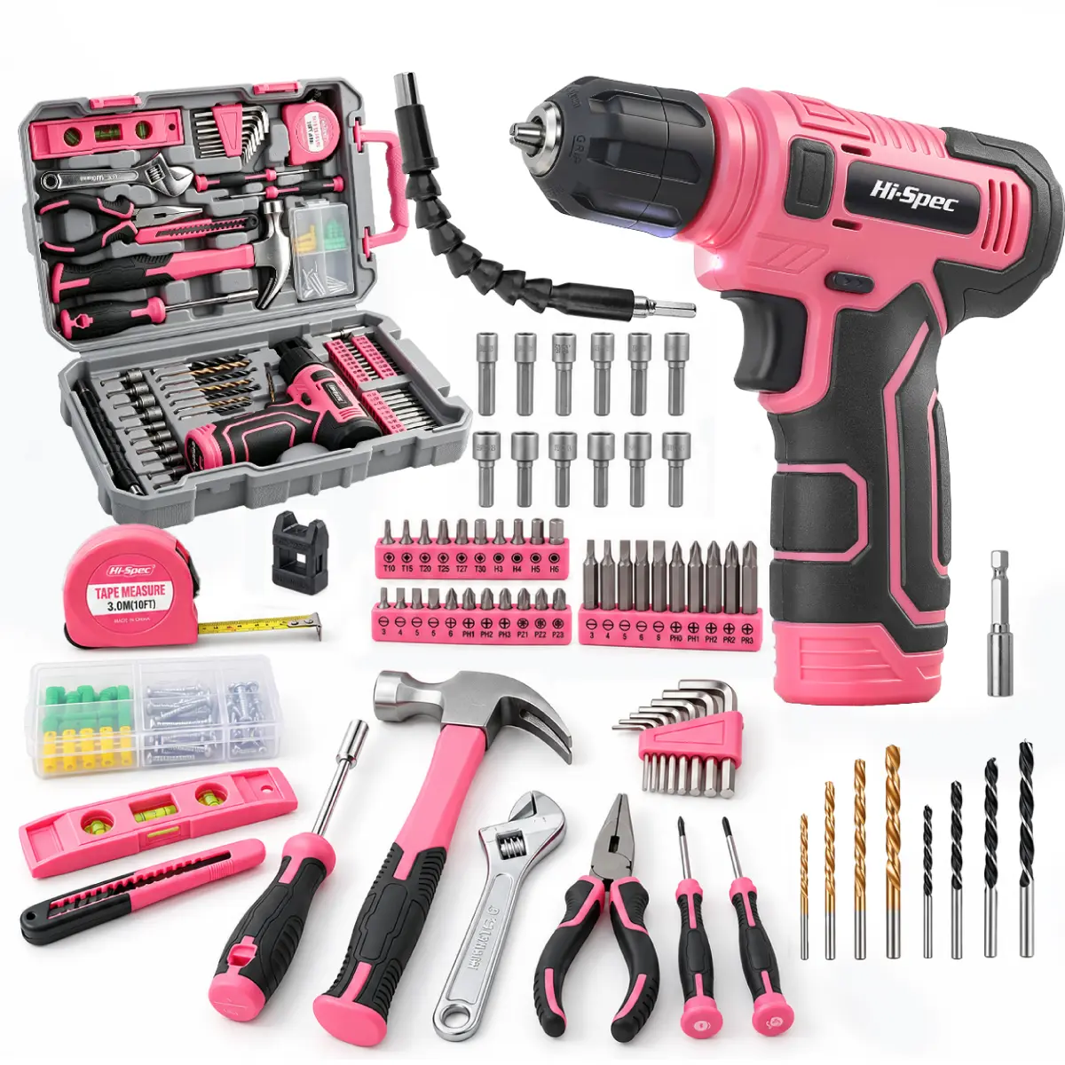Hi-Spec 8V USB Pink Cordless Power Drill Driver set - 130-piece  Complete Home Tool Kit Set for Women. Ladies Cordless & Rechargeable Electric Drill Driver and Compact Hand Toolbox Set