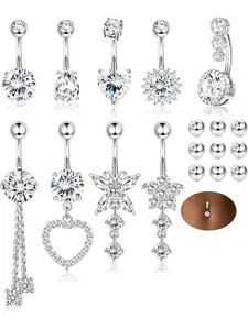 9/10PCS Stainless Steel Hypoallergenic Belly Button Rings with Extra Replacement Balls, Trendy Dangle Belly Button Piercing Jewelry for Women, 14G - Silver Plated/14K Gold Plated/Rose Gold Plated