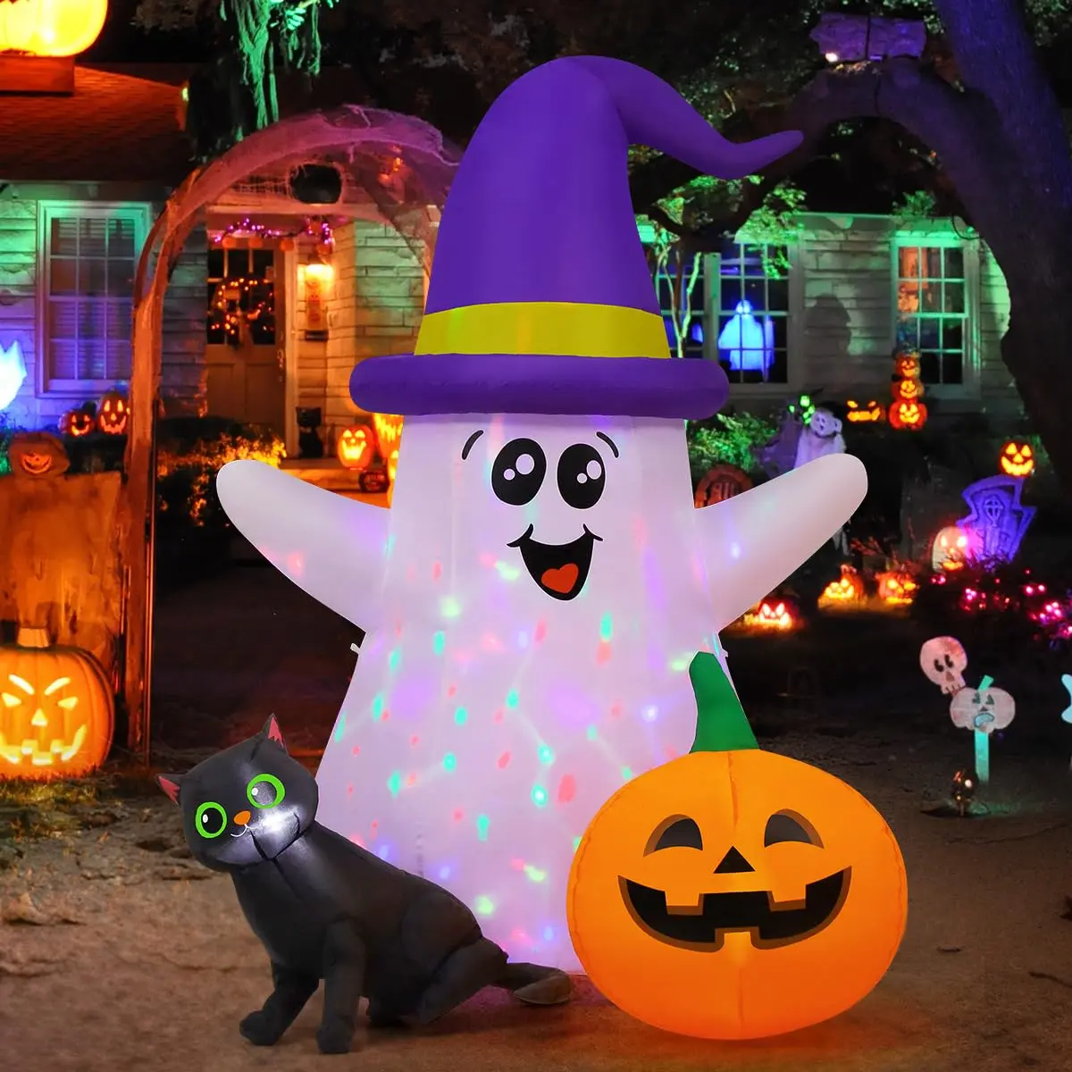 5 FT Halloween Inflatable Wizard Ghost with Black Cat and Pumpkin, Built in LED Lights, Blow Up Outdoor Yard Decoration for Lawn, Garden and Party