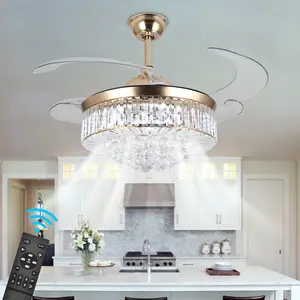 36 Inch Crystal Ceiling Fans with Lights, Modern Dimmable Fandelier LED Remote Control Retractable Invisible Blades Indoor Reversible Ceiling Light Kits with Fans for Decorate Living Room Bedroom