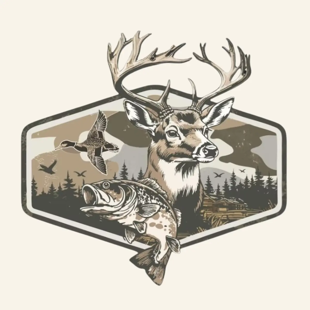 Deer Duck Fishing Sticker, Retro Camo Hunting & Fishing Outdoorsman Boy, Marsh Old School Sticker for Laptops, Car and Water Bottles Car