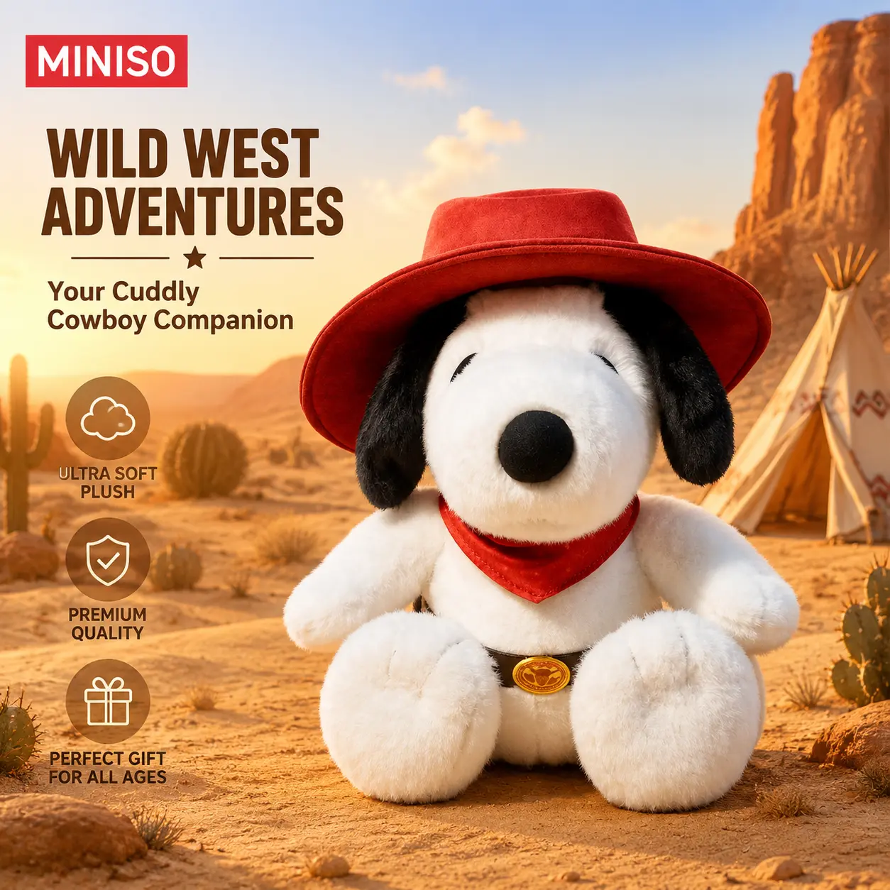 MINISO SNOOPY Western Cowboy & Rainy‑Season Raincoat Plush Doll, Cute Sitting‑style Stuffed Figure, Soft Plush Material, Lovely Desk Decoration, Perfect Collectible Gift For Snoopy Lovers And Kids