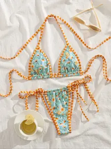 New Soft Padded Print Thin Strap Halter Tie Back Bikini Set, Summer Beach Fashion Elegant Women's Swimsuit, Sleeveless Ombre Tie Side Bottoms, Floral Bikini, Tropical Print Bikinis