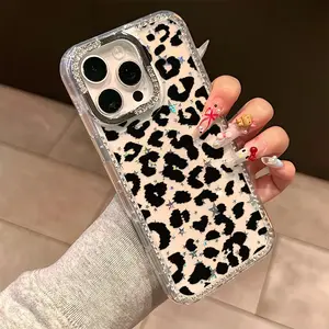 Classic Leopard Design Pattern Print  Phone Case With Rhinestone-framed edge and Hd Back for iPhone 17 16 15 14 13 12 Pro Max  Featuring Elegant