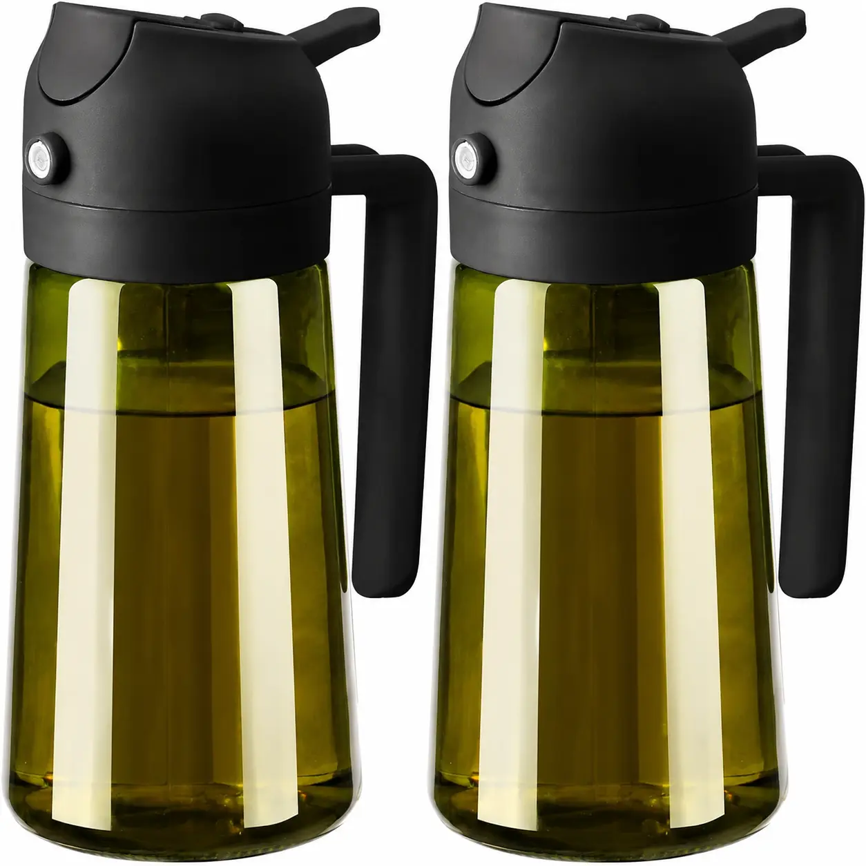2PCS Olive Oil Dispenser and 2-in-1 Oil Sprayer for Cooking, 16oz/470ml Light-Blocking Dark, Olive Oil Dispenser Bottle for Kitchen, Premium Dark Green Glass Oil Bottle, Food-Grade Oil Mister for Air Fryer, BBQ