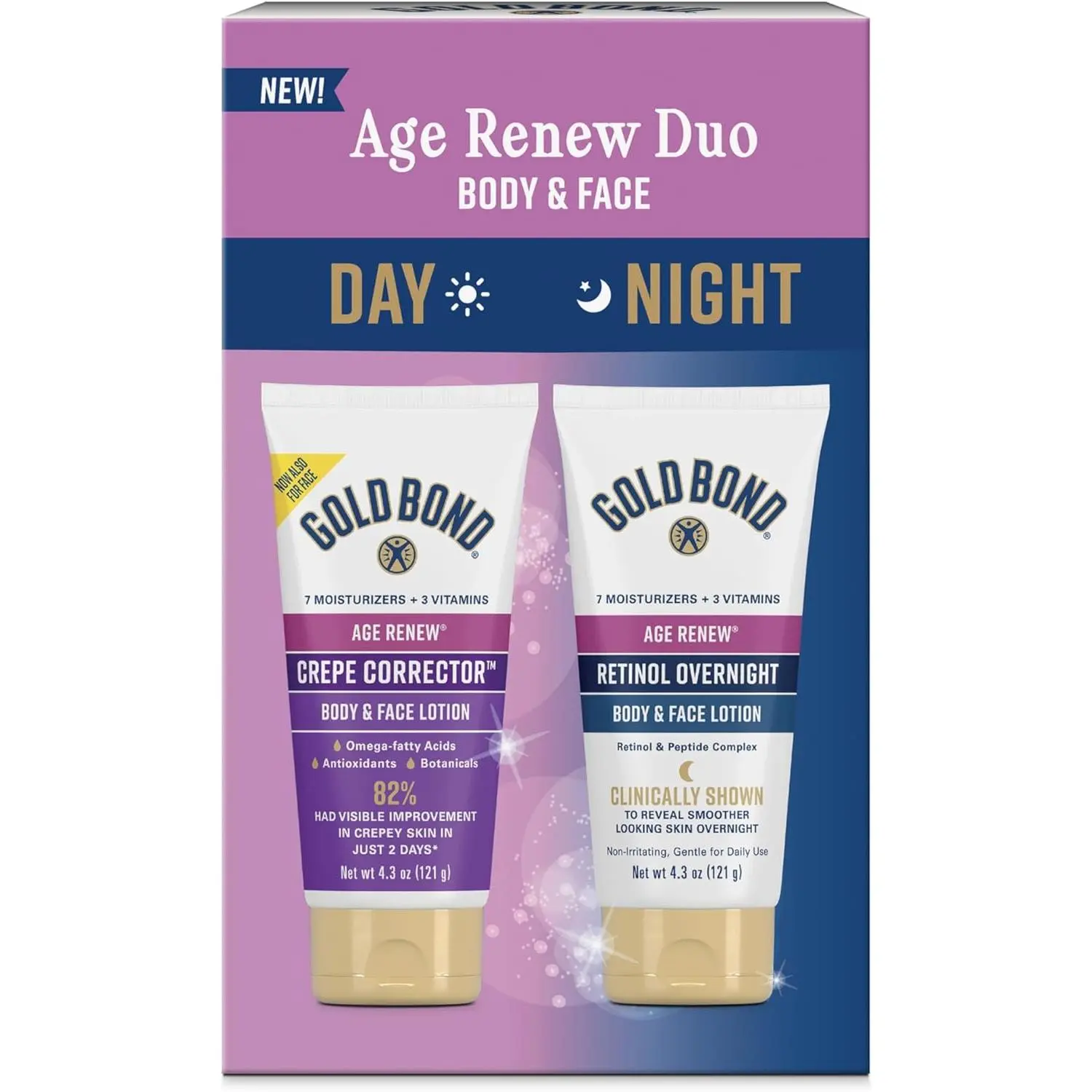 Gold Bond Age Renew Lotion Duo Set - Day Crepe Corrector & Night Retinol Moisturizer for Body & Face, Shea & Cocoa Infused, Lightweight, Moisture-Locking, Tightening, Firming, Hypoallergenic Body Care, 8.6 oz, Nourishing, Fragrance, Smoothing, Cream, Glyc