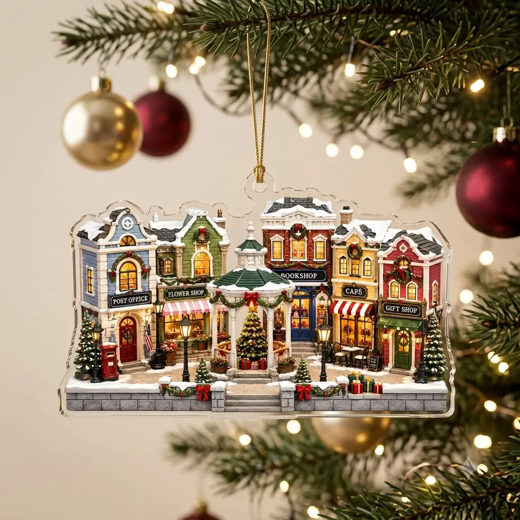 Christmas Village Scene Acrylic Ornament - Holiday Town Festive Home & Party Decoration, Gifting Option for Festive Occasions
