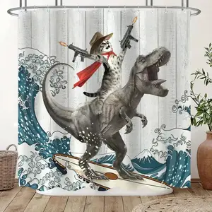 Funny Dinosaur & Cat Pattern Shower Curtain, Waterproof Bathroom Curtain with Hooks, Bathroom Decor Supplies for Home, Hotel, Apartment, Dorm