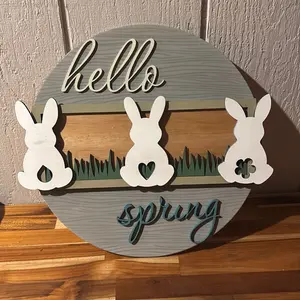 14 inch Layered Hello Spring Sign with Adorable Bunny Cutouts for Festive Home Decor
