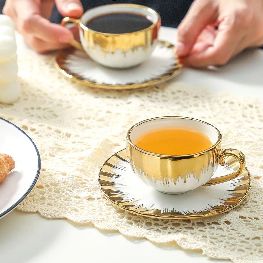 LETAOTAO Tea Cups and Saucer Set with Luxury Gold Rim,  Espresso Coffee Cup Teacup Sets Cappuccino Cup Nordic Style
