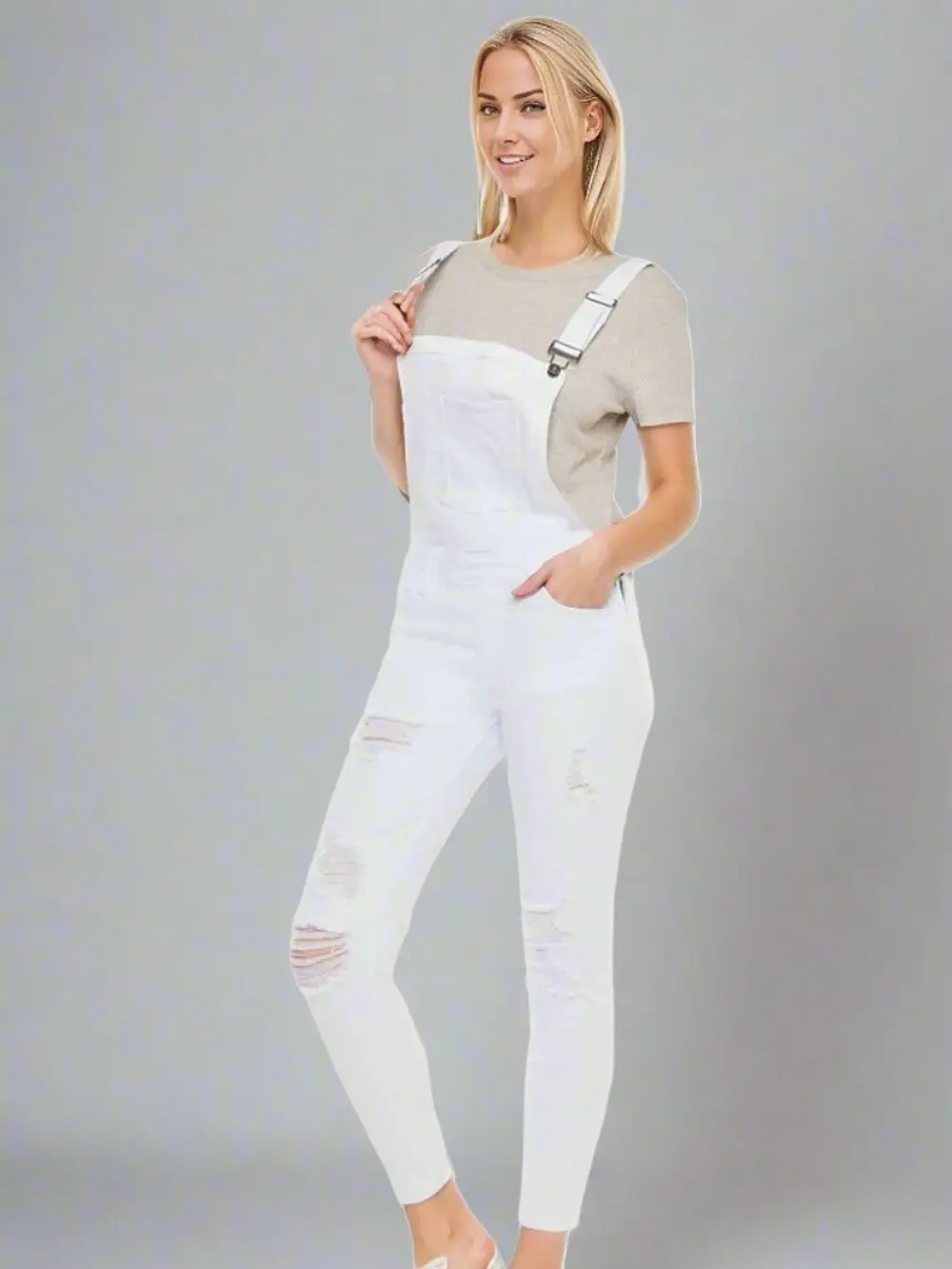 Kancan Distressed Skinny Denim Overalls White