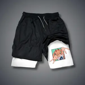 [Vtg90s] Anime Double-Layer Sports Shorts Graphic Shorts Black Shorts Camo Shorts Streetwear Shorts Men Outfits Men Short Shorts Vacation Outfits Shorts