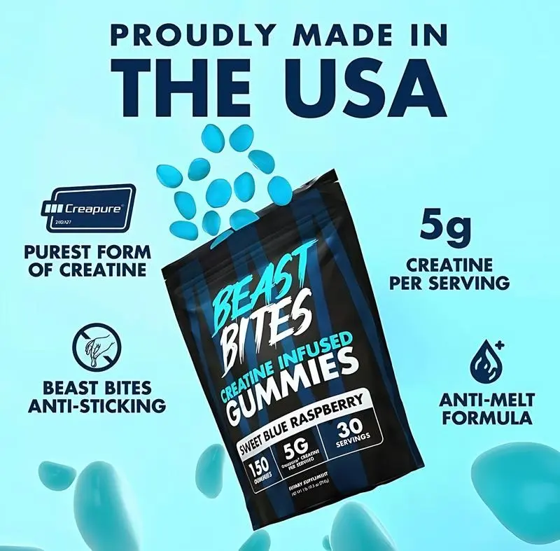 Beast Bites Creatine Infused Gummies with Creapure NSF Certified 5g Monohydrate per Serving Sweet Blue Raspberry Flavor Non-GMO Gluten Free Vegan