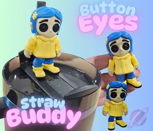 BUTTON EYES STRAW TOPPER FOR YOUR TUMBLER CUP Adorable Straw Buddy Design in Vibrant Blue and Yellow Colors
