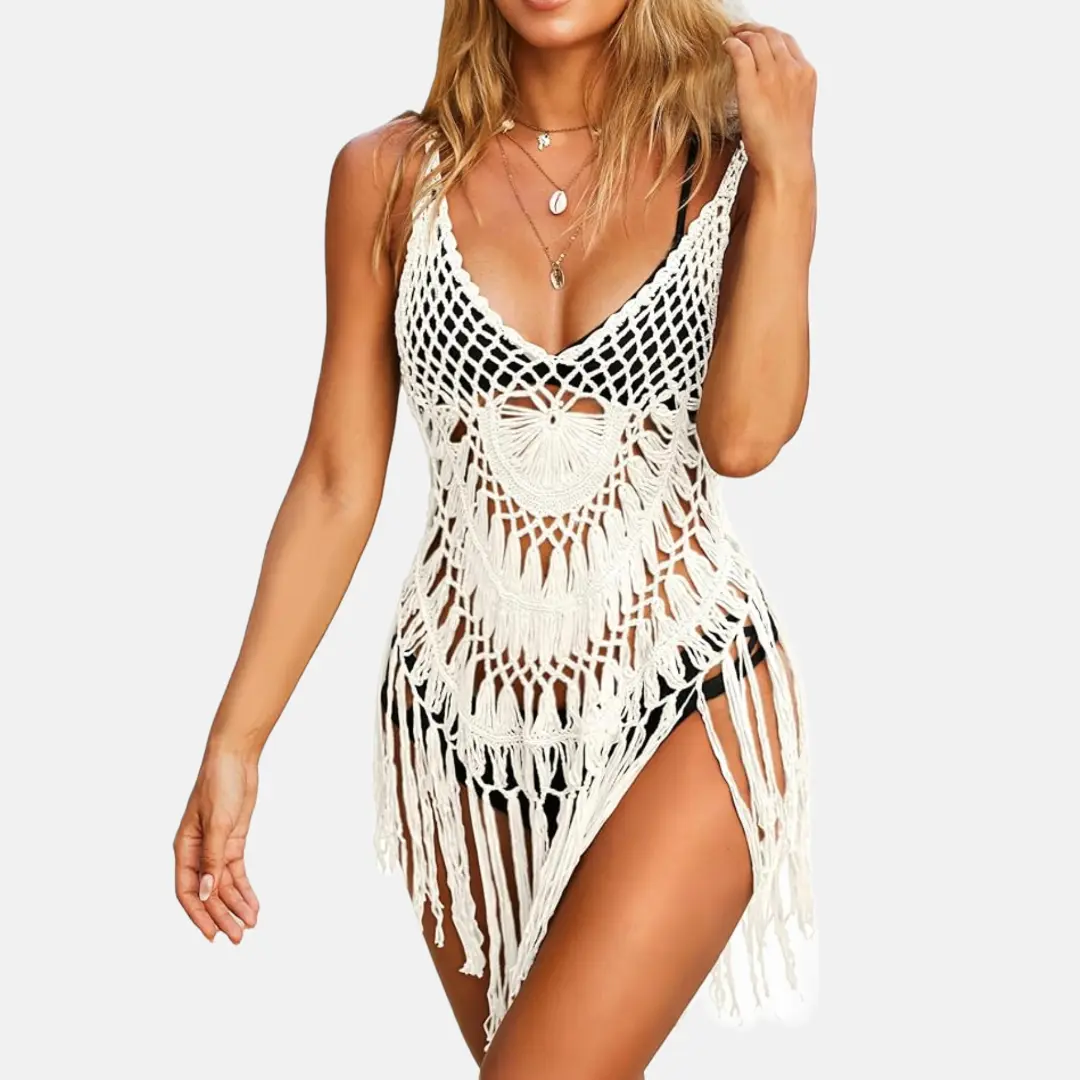 Women's Crochet Knit Cover Up, Sexy V-Neck Tassel Dress with Asymmetric Hem for Summer Beach Vacation, Beachwear Cover Up, Swimsuits Cover Ups