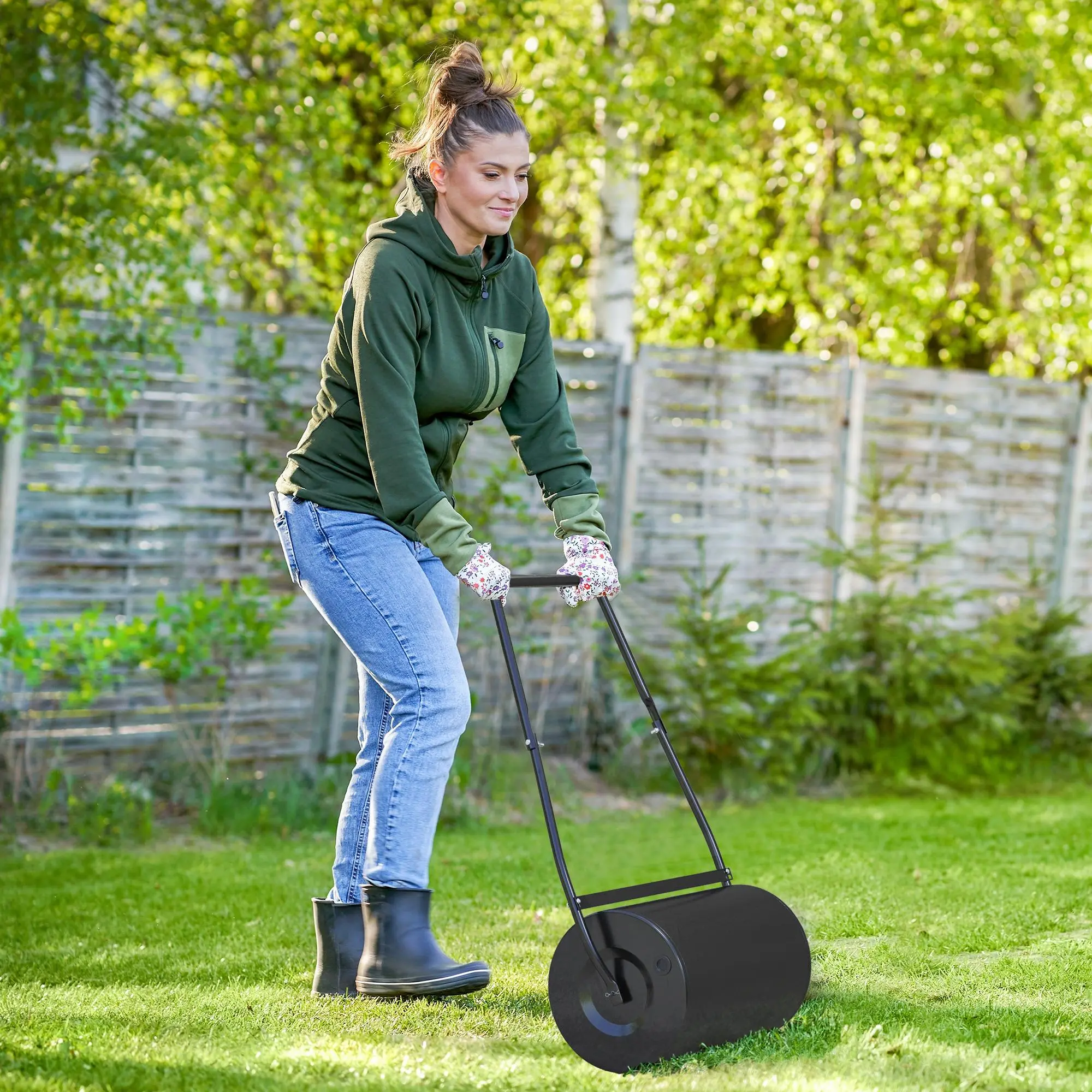 38L Heavy Duty Push/Tow Poly Lawn Roller U-handle Garden Roller Filled with Water or Sand Steel Spray-Treated Rust-Proof 10-Gallon Capacity Drain Plug Easy Handling