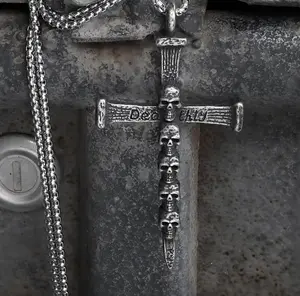 GTHIC Deathly Skull Stainless Steel Gothic Pendant Punk Cross Necklace for Daily Wear
