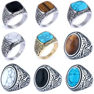 Personalized European and American style neutral carved simple square turquoise ring
