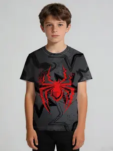 Red Spider Logo Kids Short Sleeve T-Shirt, Black-Gray Cyber Glitch Design, Cool Red Spider Logo, Crew Neck, Perfect for Daily Wear