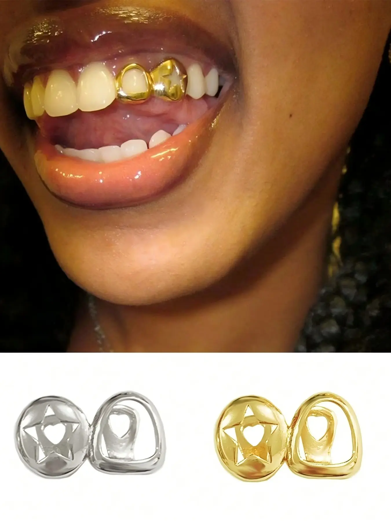 1pc Top Grillz, Hollow Star Design, 14k Copper Material, Hip Hop Women's Teeth Grillz Fashion Accessory, All Seasons Party Style, Teeth Cover Girls