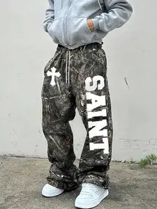 Unisex Street Style Saint Print Graphics Aesthetic Camo Pants, Fitted Long Trousers for All Seasons, Casual Daily Wear, Y2K Fashion, Men's Gift