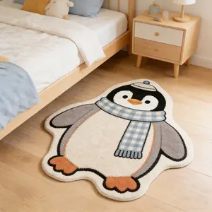 Unique Irregular Penguin Scarf Hat Pattern Carpet, Large Living Room Bedroom Rug, Washable Plush Mat, Sweet Cute Home Decor