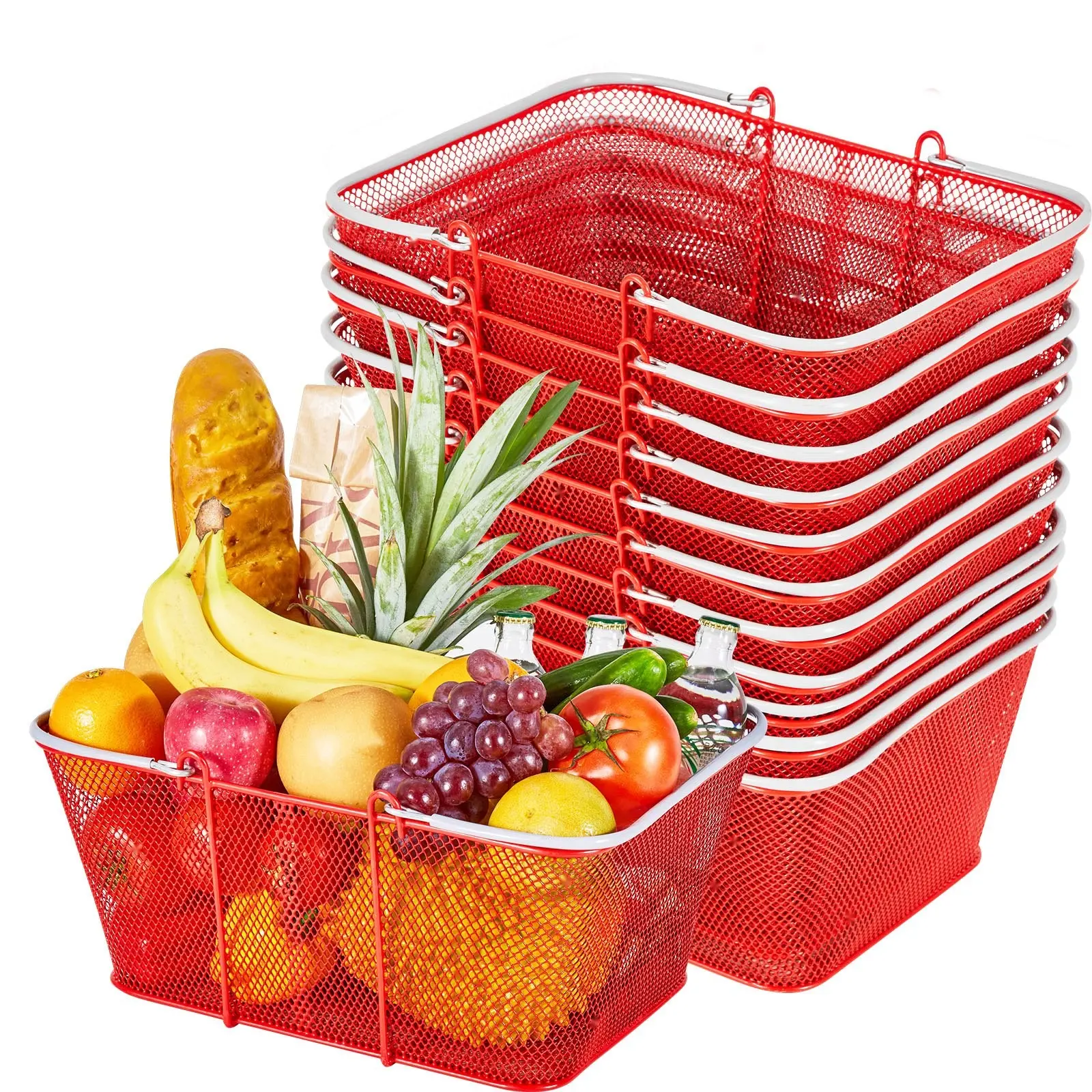 12-Pack Stackable Metal Grocery Baskets With Handles, 22L Capacity, Dense Mesh Design, Each Holds Up To 44 Lbs, Portable For Grocery Stores Retail Supermarkets Bookstores Home Use, Red