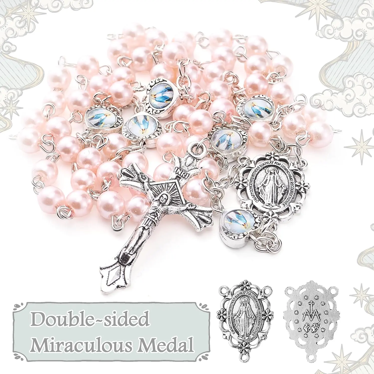 Women's Traditional Catholic Rosary with Pearl Beads & 40mm Crucifix, 20.47in Portable Keychain-Handbag Pendant, Miraculous Medal, Compact Portable Pouch Included, Confirmation & New Convert Gift