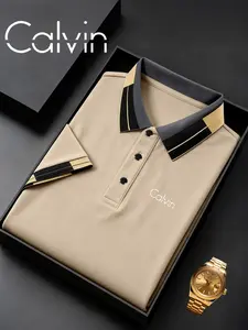 Men's Classic Calvin Print Polo Shirt, Elastic Casual Breathable All-Season Wear, Comfortable Durable High-End Fitted Design
