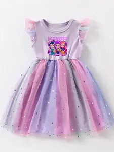 Girls' Fly Sleeve Mesh Dress, Tulle Overlay Dress, K-Pop Girl Group print Star Moon Gradient Princess Dress, Casual Knee Length, All Seasons
