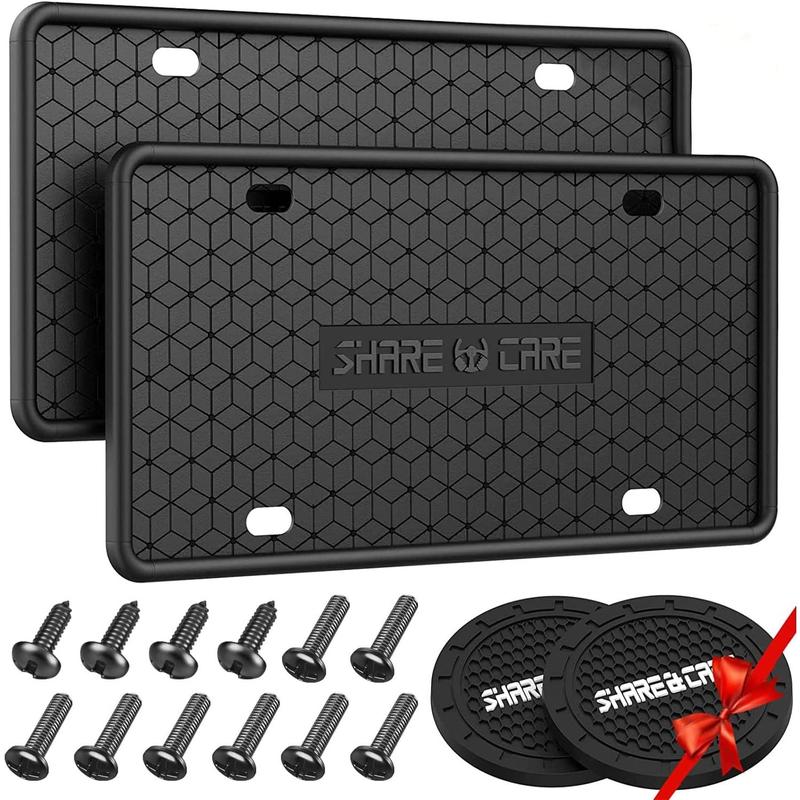 2 Pack  License Plate Frame, Front  License Plate Cover, License Plate Bracket Holder Rust-Proof Rattle-Proof Weather-Proof for  CA Standard  & 2 count Water Coaster (Black)