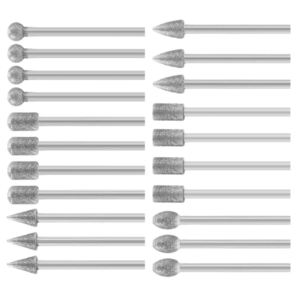 20pcs Diamond Rotary Grinding Bits Kit, Heavy‑Duty Carbide Shank Diamond Burrs, Multi‑Shape Abrasive Tool Accessories for Rock Gemstone Glass Ceramic Engraving Polishing DIY Projects