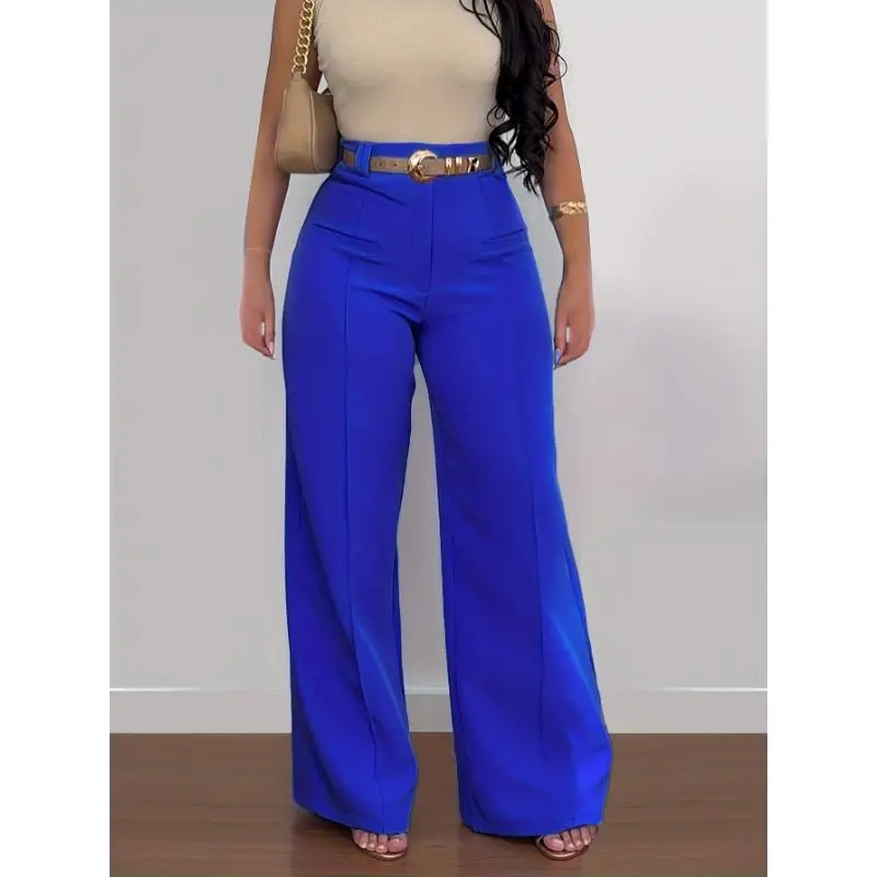 Women's High-Waisted Straight Leg Pants - Royal Blue Formal & Everyday Trousers, without belt