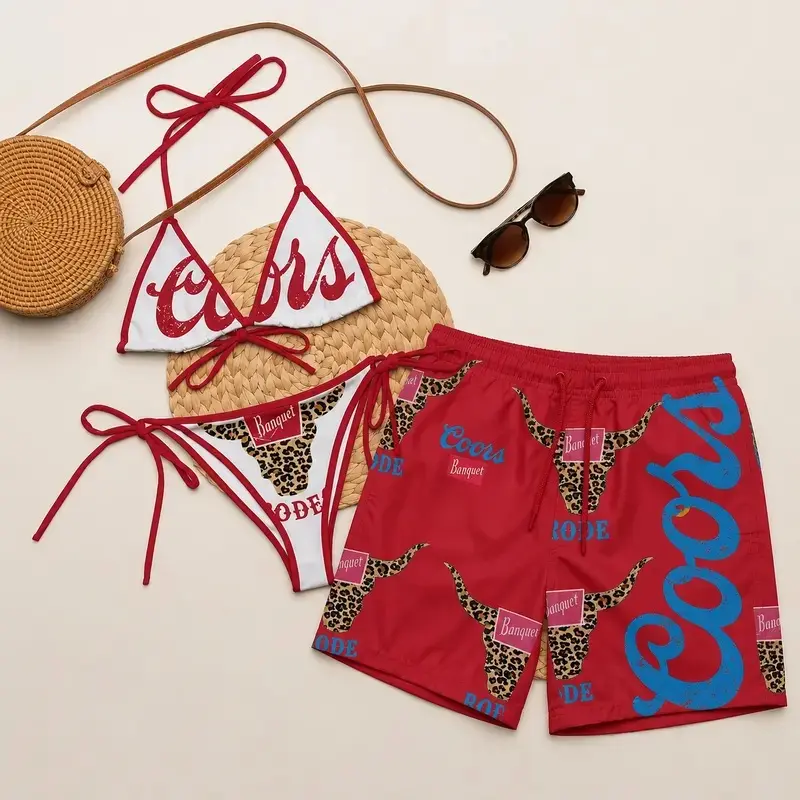 Coors Couples Matching Swimsuits, Bikini Set & Men's Beach Shorts, Summer Vacation Swimwear, Hawaiian Beach Outfit, Matching Couple Swimwear, Tropical Resort Gift